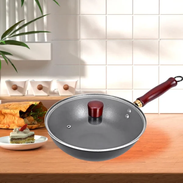 24cm Nonstick Stir Fry Pan Iron Wok Pan Kitchen Rustproof Frying Pan Round Bottom Cooking Pan for Induction Electric Gas